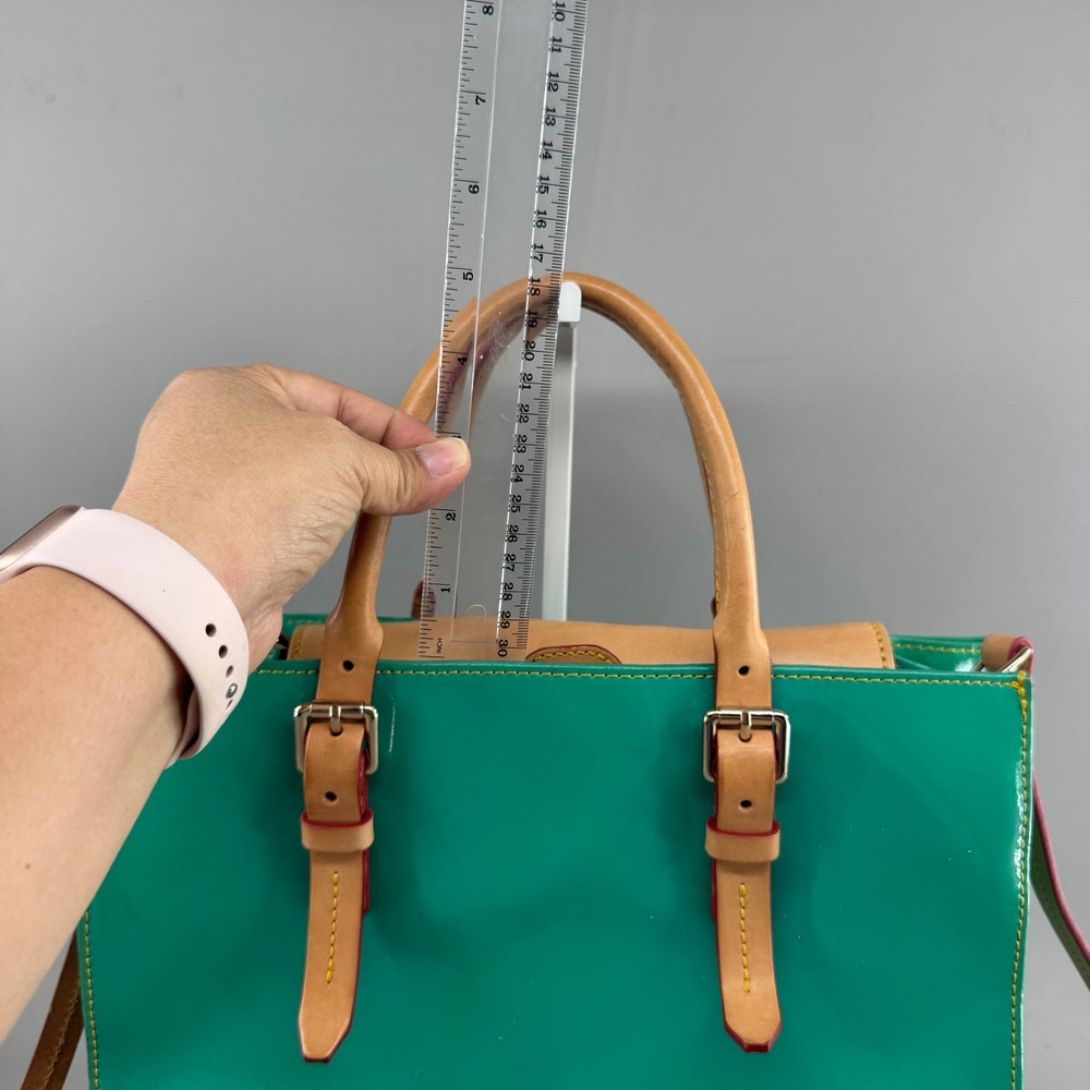 Dooney & Bourke Womens Patent Leather Satchel Crossbody Bag Teal Green Tan - Picture 12 of 16